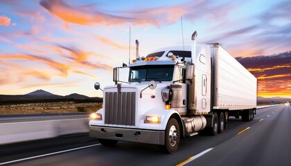 White industrial big rig semi truck carrying cargo in refrigerated trailer driving on one way highway at sunset with headlights on