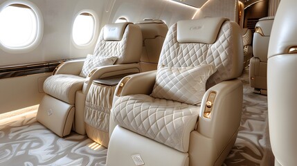 Fototapeta premium Sleek and luxurious private jet interior, featuring plush leather seats with quilted detailing, complementing the light beige color scheme of elegant carpet flooring.