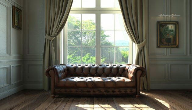 Windowed room with a leather couch