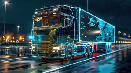 Futuristic semi-truck with digital overlay on a wet road at night showcasing advanced logistics technology