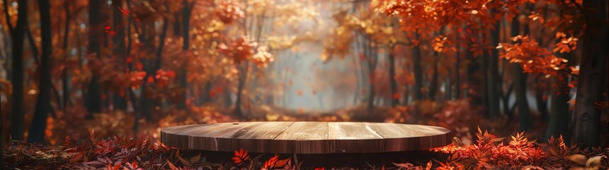 The empty round wooden table is placed in the center of an autumn forest with red and orange leaves, in the style of fantasy, in a fantasy world background