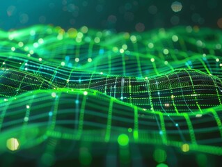 Obraz premium digital landscape, green grid, futuristic network, abstract technology background 