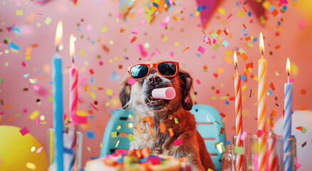 Dog Enjoying Birthday Party with Confetti and Candles in Festive Setting