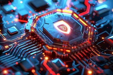 Cyber security concept. Shield with red light