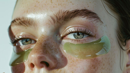 Green patch on woman eyes. 