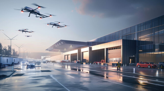 Multiple drones flying at logistics center in the evening with cars and delivery trucks on wet pavement