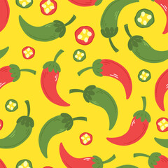 Seamless pattern with red and green peppers in cartoon flat style on a yellow background. Vector illustration of a background with chili peppers and jalapenos.