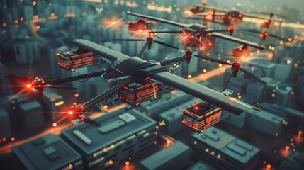 Fleet of delivery drones flying over modern cityscape at night with illuminated buildings