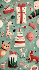 Naklejka premium Playful Birthday Party Themed Greeting Card Template for Kids with Cute Animals, Balloons, and Gifts