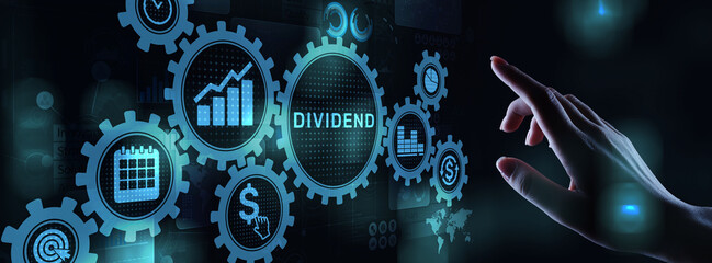Dividends button on virtual screen. Return on Investment ROI financial business wealth concept.