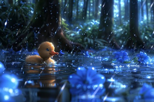 A small yellow baby duck swin in pool in the middle of forest illustration