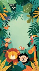 Fototapeta premium Playful Jungle Themed Greeting Card Template for Kids with Cute Animals and Lush Foliage
