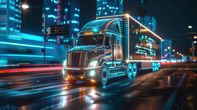 Futuristic wireframe semi-truck driving through a neon-lit city at night
