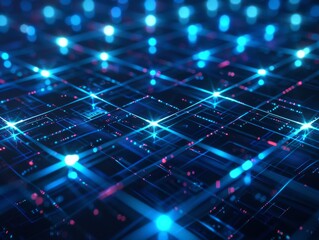 Obraz premium High-tech digital grid with glowing blue lines and nodes, futuristic, minimalistic, clean lines, highly detailed