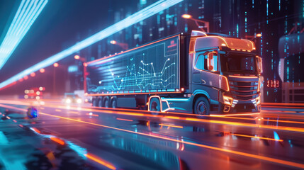 Futuristic autonomous truck with digital interface driving through neon-lit city at night