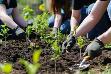 Fototapeta premium A group of volunteers planting trees in a local park with shovels and young saplings in hand