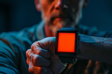 App preview over shoulder of a mature man holding an smartwatch with a fully red screen