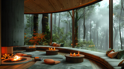 Fototapeta premium Beautifully designed indoor space with large, curved windows providing a panoramic view of a lush, green forest.