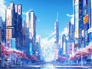 Fototapeta premium A futuristic cityscape with tall buildings and a wide boulevard, clear blue sky, vibrant colors, clean lines, minimalistic style, highly detailed