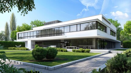 Modernist villa, capturing the sleek and minimalist architecture of the Bauhaus movement.