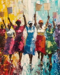 Vibrant painting of women holding signs, showcasing empowerment and unity in colorful energetic strokes.