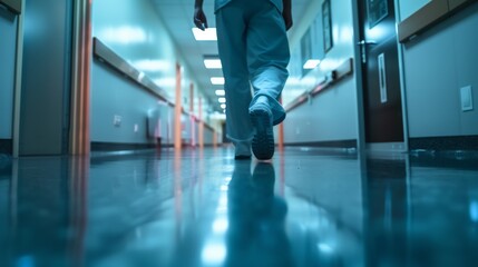 Hospital waiting room nurse in motion blur, high view, dimly lit, 600dpi resolution, Canon EOS 5D Mark IV, global illumination, sharp focus, wide dynamic range.