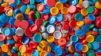 Vibrant, Colorful Pile of Plastic Bottle Caps, Neatly Stacked, Ready for Recycling or Upcycling