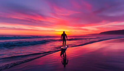 A man surfing at dawn, the waves and the sunrise reflecting a sense of adventure and exhilaration