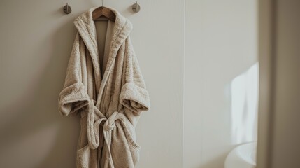 Cozy bathrobe hanging on hook, inviting warmth post-bath relaxation ambiance