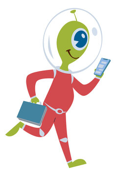 Business alien character. Space suit mascot with briefcase