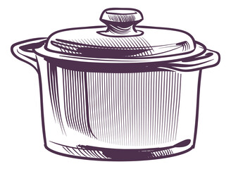 Cooking pot sketch. Soup cooking metal utensil