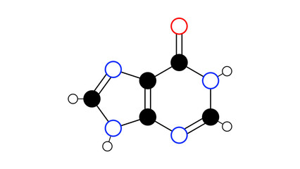 hypoxanthine molecule, structural chemical formula, ball-and-stick model, isolated image purine derivative