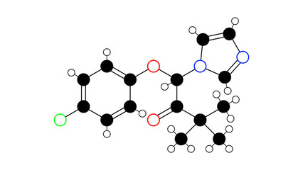 climbazole molecule, structural chemical formula, ball-and-stick model, isolated image antifungal agent