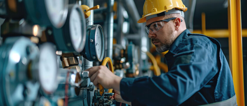 The technician is inspecting the pipes and meters in an industrial plant