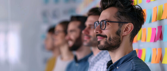 A startup team, joyful and excited, brainstorming innovative ideas for their cloud computing project on a whiteboard