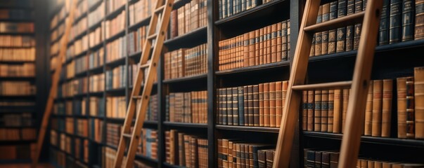 Old library with tall shelves and ladders