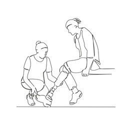 One continuous single drawing line art flat doodle athletic, sport, leg, training, prosthesis, woman, athlete, orthopedic, foot. Isolated image hand draw contour on a white background
