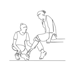 One continuous single drawing line art flat doodle athletic, sport, leg, training, prosthesis, woman, athlete, orthopedic, foot. Isolated image hand draw contour on a white background
