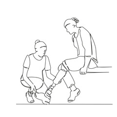 One continuous single drawing line art flat doodle athletic, sport, leg, training, prosthesis, woman, athlete, orthopedic, foot. Isolated image hand draw contour on a white background
