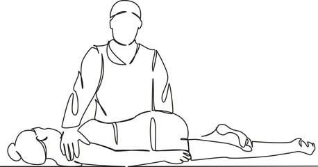 One continuous single drawing line art flat doodle osteopath, rehabilitation, woman, massage, shoulder, scoliosis, therapist. Isolated image hand draw contour on a white background
