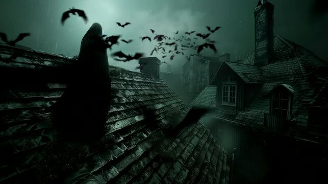 the haunted rooftop, you notice a spectral figure lingering near the edge. Seamless looping time-lapse virtual 4k video animation background