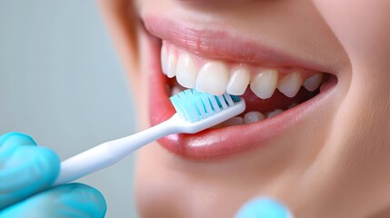 Close-up of a Person Brushing Their Teeth with a Blue Toothbrush for Dental Hygiene and Oral Care