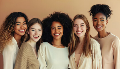 Group beautiful happy multiethnic young women together, five diverse cheerful girlfriends on brown