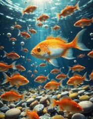 Fototapeta premium A surreal underwater scene features a group of goldfish, including a large orange one, swimming among rocks and bubbles.