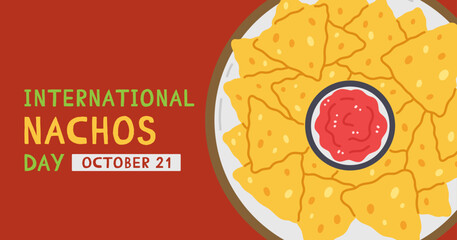 International nachos Day banner design. Mexican snack nachos in a cartoon flat style on red background. Vector illustration of traditional Mexican food