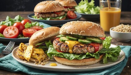 A plate of grilled turkey burger with lettuce, tomato, and whole grain bun.