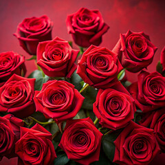 Obraz premium Bouquet of red roses. Close-up of red roses standing side by side on a red square background from top view. 