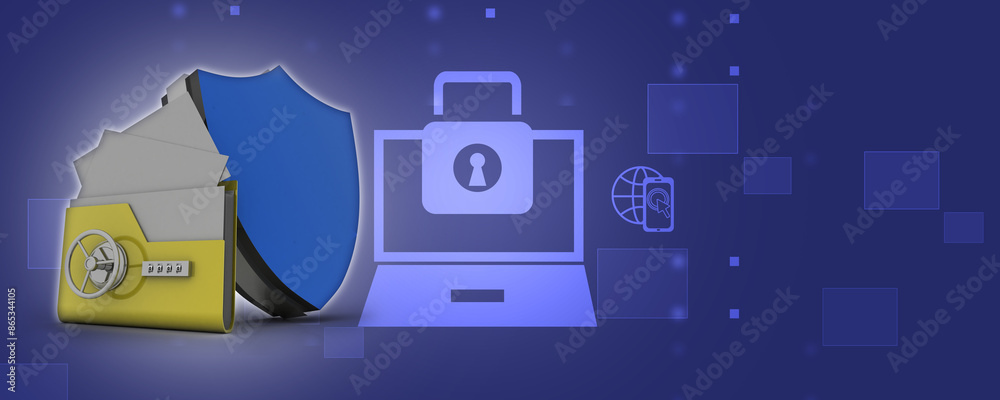 Poster yellow folder and lock protection shield. data security concept. 3d rendering