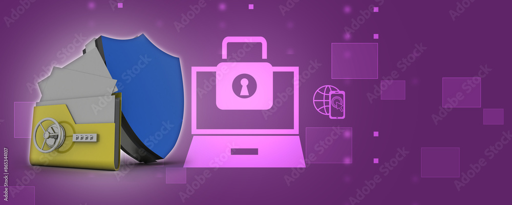 Poster yellow folder and lock protection shield. data security concept. 3d rendering