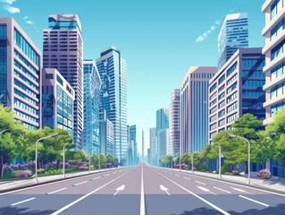 Obraz premium A modern cityscape with a wide boulevard and high-rise buildings, clear blue sky, vibrant colors, clean lines, minimalistic style, highly detailed